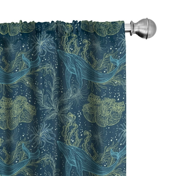 Ambesonne Whale Window Curtains, Marine Fauna and Flora, Each 28" W x 63" L, Indigo Sea Green Blue
