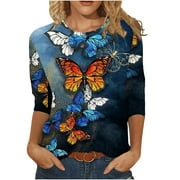 JWZUY 3/4 Sleeve Shirts for Women Summer Casual Butterfly Print Tops Round Neck Loose Pullover Comfy Soft Crewneck Blouses Loose Fit Tee Shirt Tops Spring Tees Blue S