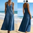 thumbnail image 2 of Women V-Neck Asymmetrical Buckle Denim Overall Long Dress, Loose Slim Fit Dress for Daily Commute and Outdoor Activities, 2 of 5