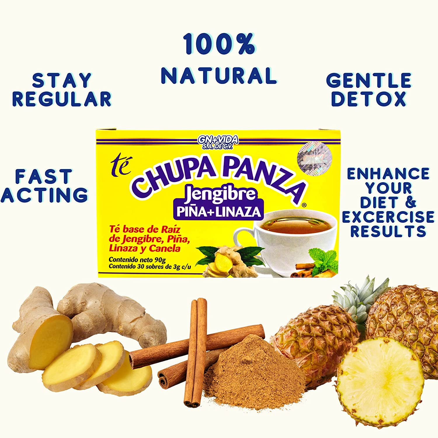 GN+VIDA-Chupa PanzaTea; Ginger Root, Pineapple, Flaxseed & Cinnamon (30 Tea Bags/2Pk)