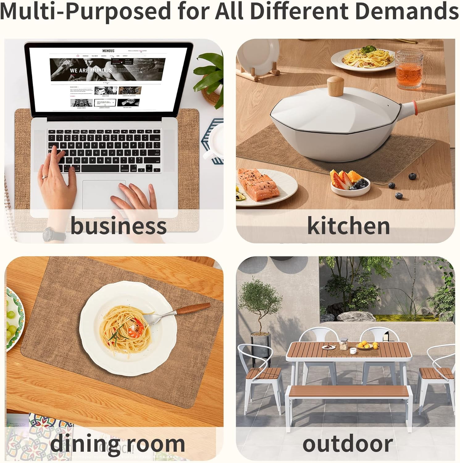 Lifestance Faux Leather Placemats Set of 6, Waterproof Heat Resistant Non Slip Dining Table Mats, 17x12 inch Rectangle Brown, Indoor Outdoor Use
