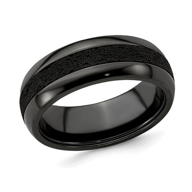 Mens Black Titanium 8mm Pattern Band Ring with Black Crete