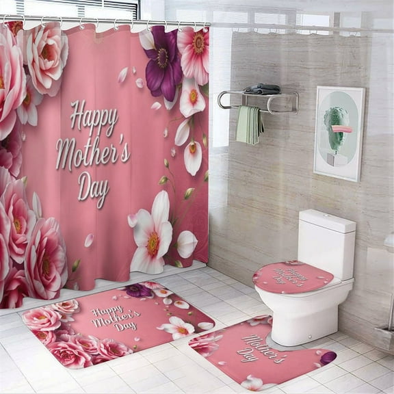 Shower Curtain Set 4 Piece include Shower Curtain and Rugs and Non Slip U Shaped Toilet Rugs Luxury Bathroom Decor Happy Mother‘s Day with Heart Floral