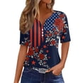 thumbnail image 3 of 4th Of July Womens Summer Tops 250 Anniversary Usa Flag Patriotic Short Sleeve Henley V Neck Button Independence Day July 4th Celebration American Flag Floral Print T Shirt Navy XL, 3 of 8