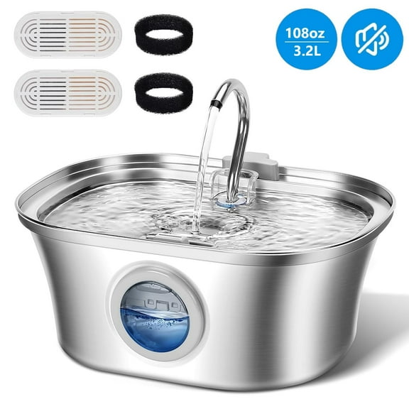 Behome 108oz/3.2L Cat Water Fountain Stainless Steel, Automatic Pet Fountain with Replacement Filters & Water Level Window, for Cats, Dogs, Multiple Pets (Gray)