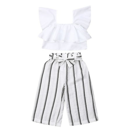 

Pudcoco Toddler Off Shoulder Ruffle Shirt T-Shirt Striped Wide Leg Trousers 2-7T