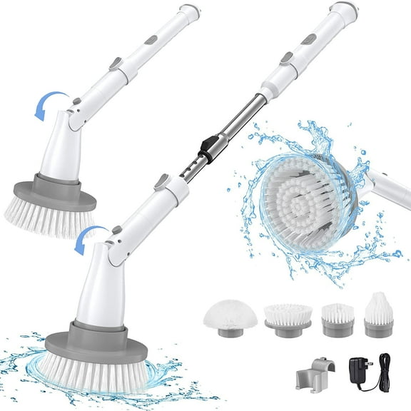 Electric Spin Scrubber with 4 Replaceable Brush Heads, 300/350RPM, Waterproof Rechargable Cordless Spin Scrubber, Adjustable Handle on Angle & Length, Power Cleaning Brush for Bathroom Floor Tile