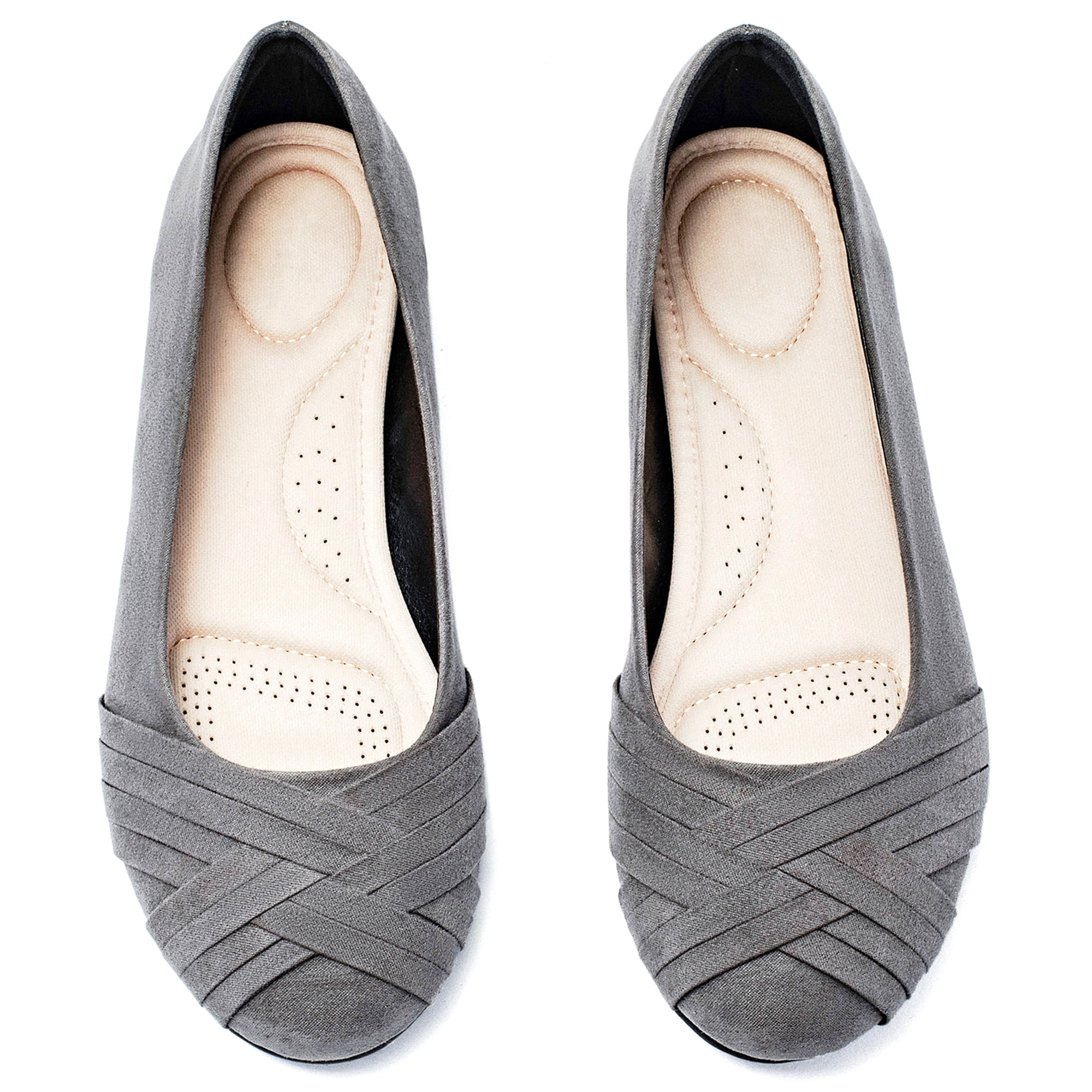 Ataiwee Women's Wide Width Flat Shoes, Classy Soft Round Toe Cross Line Design Ballet Flats.(2109002,GR/MF,12.5 Wide)
