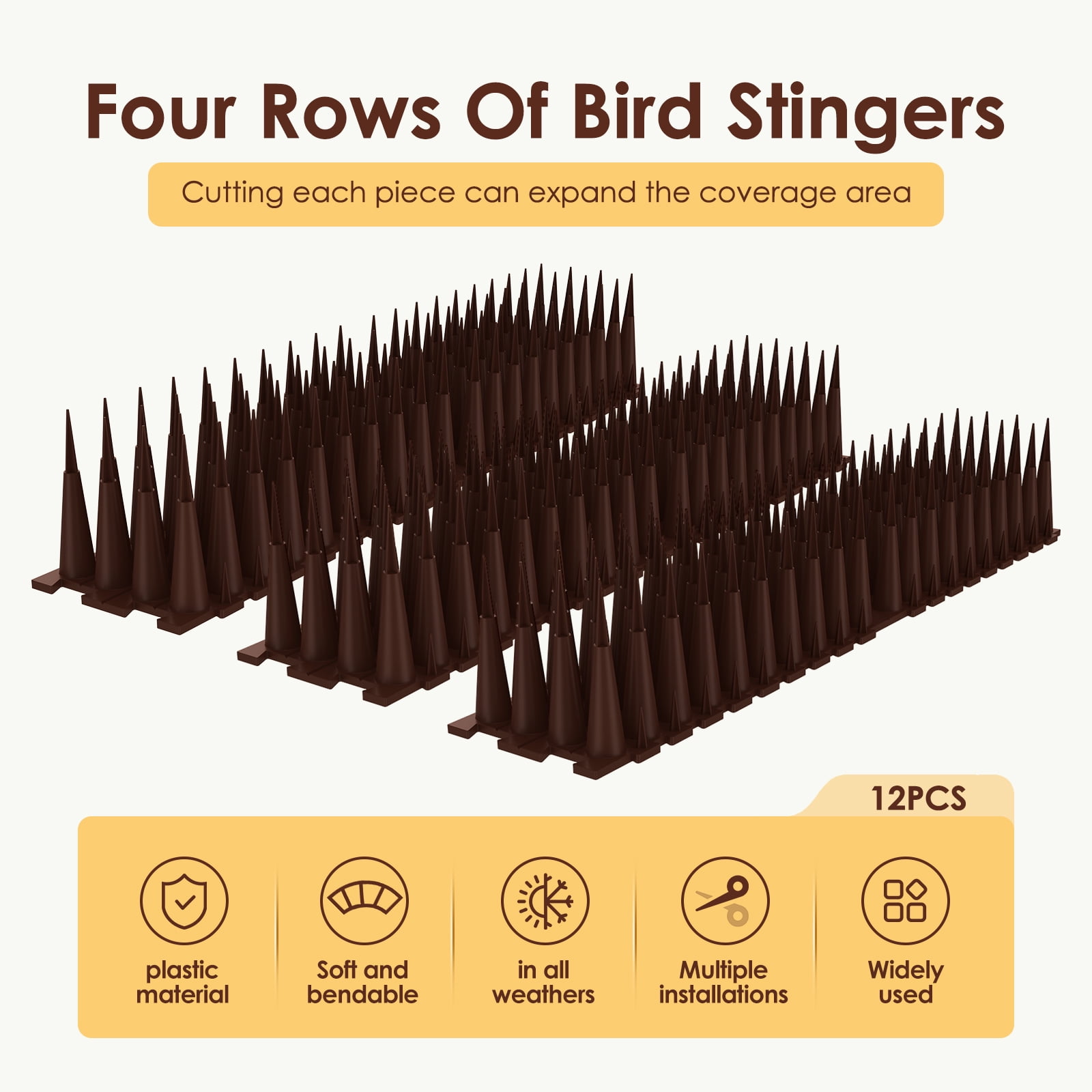 Ikoopy 12 Pack Bird Pigeon Spikes Tool Kit Flexible Versatile Fence Spikes of Birds Set Sturdy Animals Away Fence Kit for Outside Use 11.81*0.79*0.79in Brown