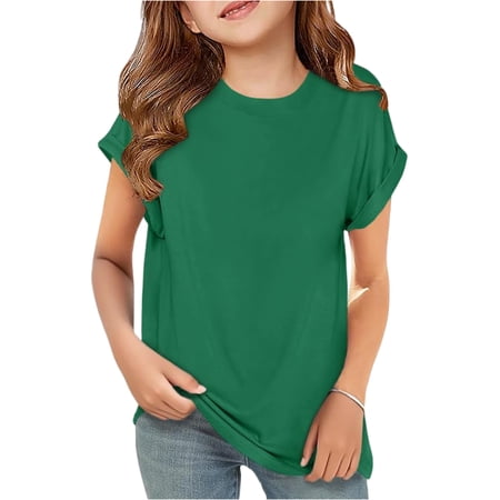 Toddler Girls Short Sleeve Crew Neck Curved Hem Relaxed Fit Casual Tops Trendy Tees Green 120