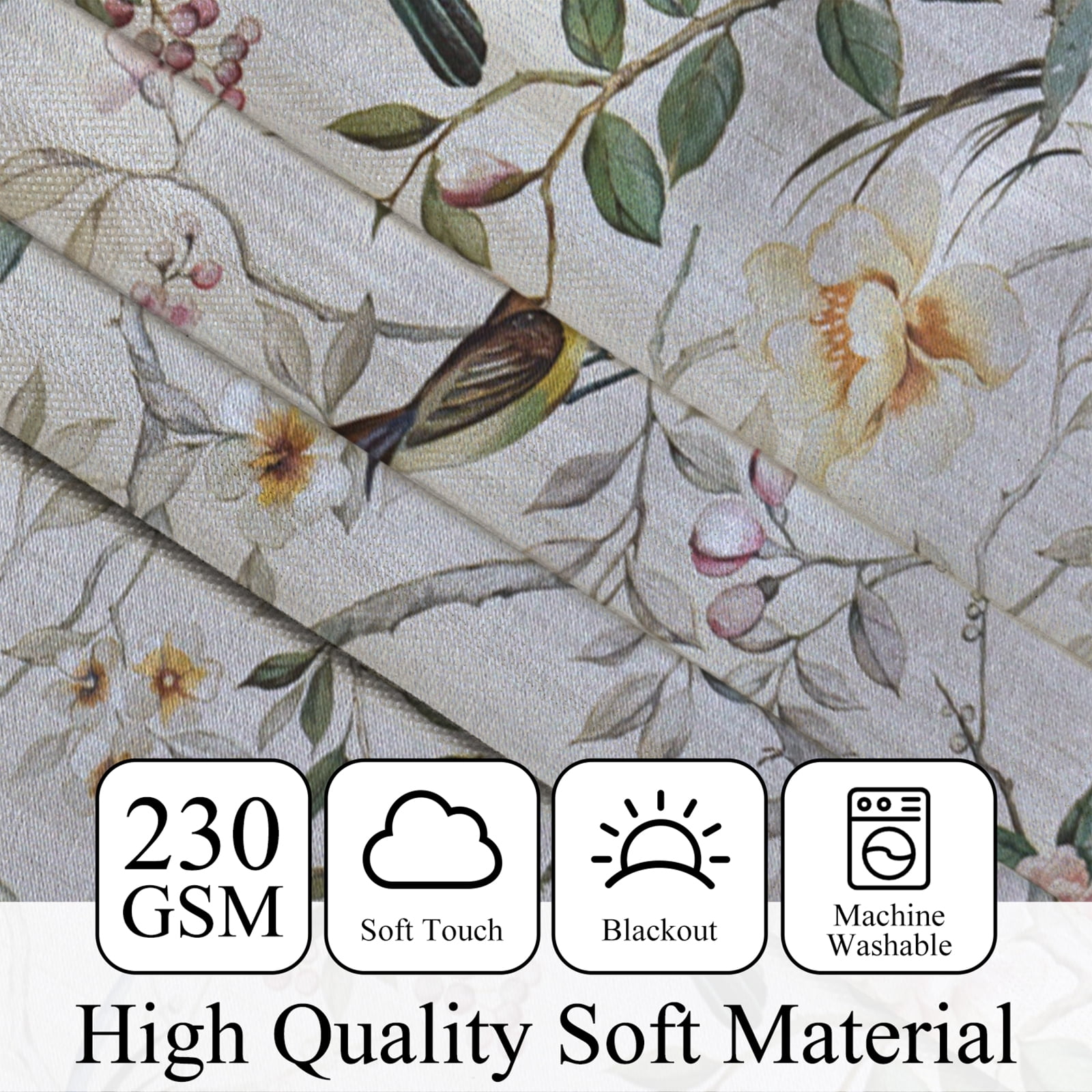 Mizhona Beige Blackout Curtains for Bedroom,Chinese Theme Birds Printed Room Darkening Curtains Set of 2,42"x63"