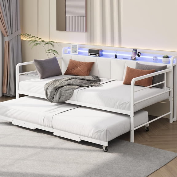 Daybed with Trundle Bed, Twin Bed Frame with Linen Upholstered Storage Headboard & Charging Station and LED Light, Heavy Duty Metal Day Bed Pop Up Trundle Bed for Living Room,Bedroom, White