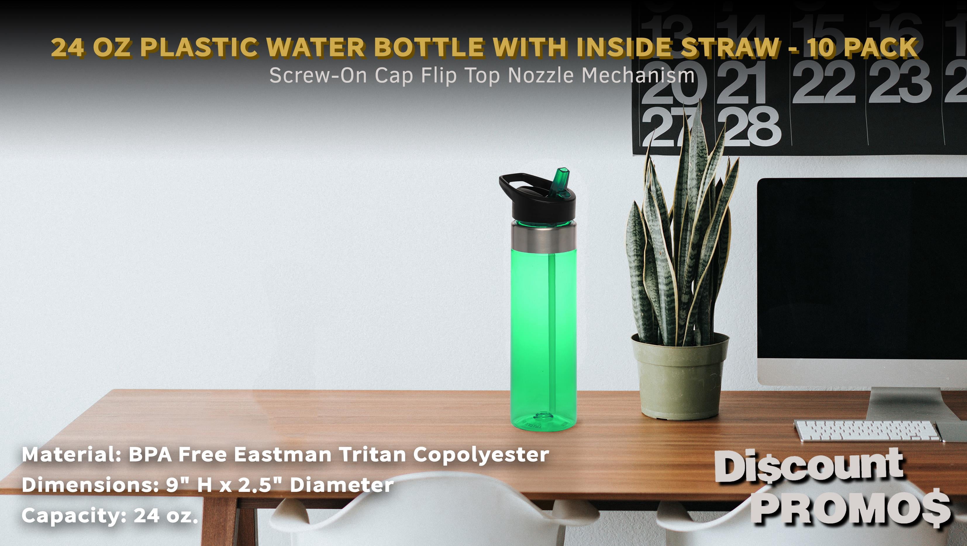 Plastic Water Bottle 24 oz with Inside Straw - BPA Free, Screw-On Cap, Flip Top Nozzle Mechanism - Slim Translucent Body - Eastman Tritan Copolyester - Green - 10 Pack