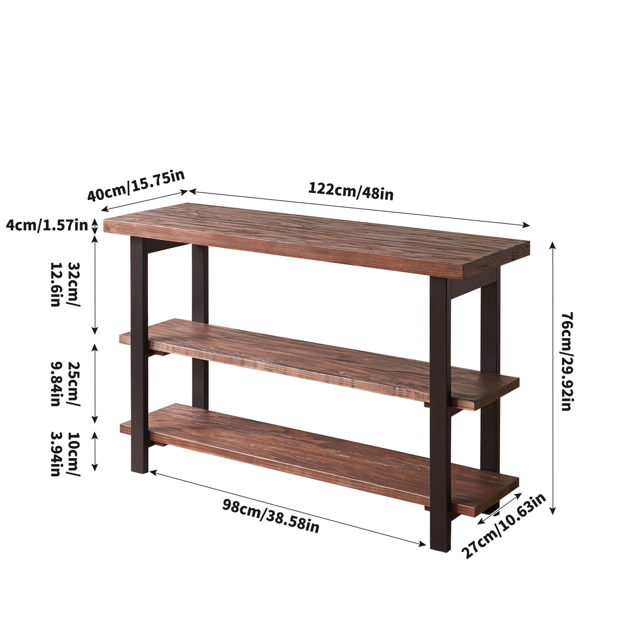 Noble House Caldon 48" Rustic Entryway Console Table with 3-Tier Storage Shelves, Distressed Pine Top, Walnut & Black