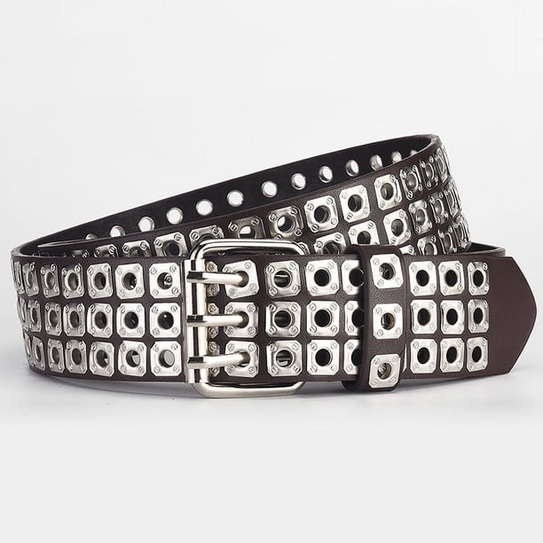 Zhuge Cinturones tachonados de 3 filas, estilo punk hip hop, cinturones de piel sintética personalizados para pantalones vaqueros (marrón)