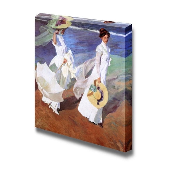 Women Walking on The Beach by Joaqu??n Sorolla Famous Fine Art Reproduction World Famous Painting Replica on ped Print Wood Framed - Canvas Art Wall Art - 16"x 16"o
