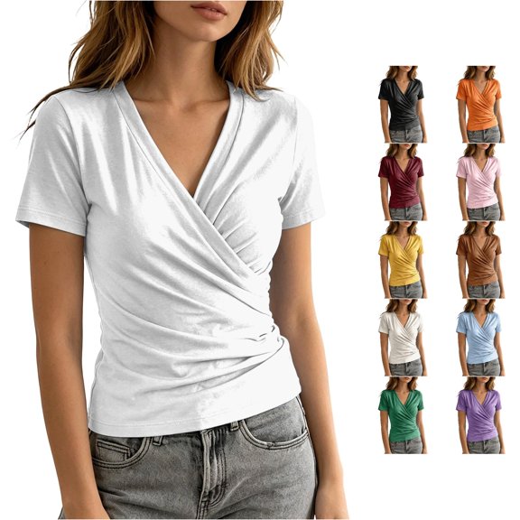 MEZZALL Women T-Shirts V-Neck Pleated Short Sleeve Tops For Casual Everyday Wear Leisure Solid Color Streetwear