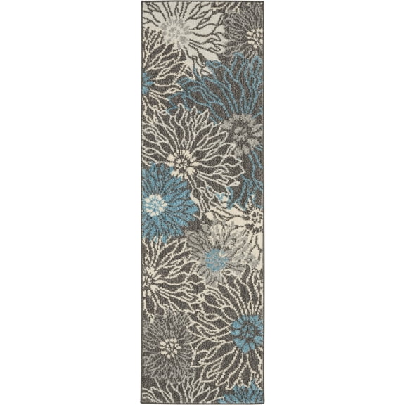2â€™ x 6â€™ Charcoal and Blue Big Flower Runner Rug