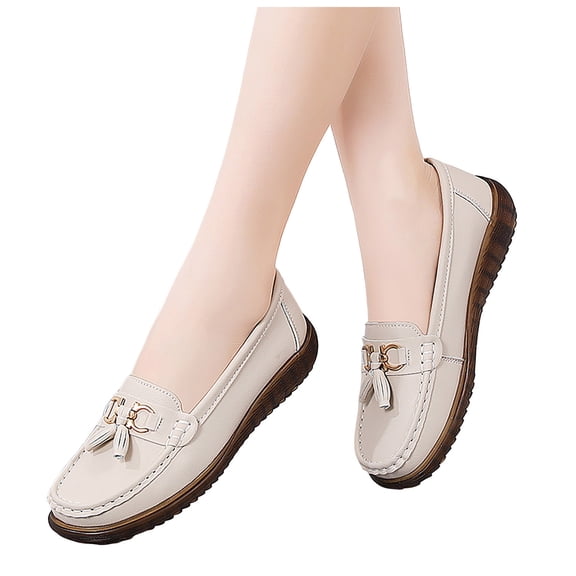 Rokment Women's Orthopedic Walking Loafers Comfortable Fashion Casual Leather Fringe Arch Support Wedge Slip on Nursing Work Flat Low Heel Oxfords Dress Shoes Beige Size 6