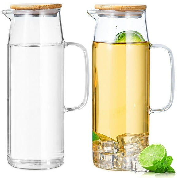 2 Pcs Glass Pitchers with Lids, 50oz Water Carafes with Handles, Clear Water Jars for Cold Hot Water, Heat-Resistant Borosilicate Glass Jugs for Iced Tea, Coffee, Juice, Milk
