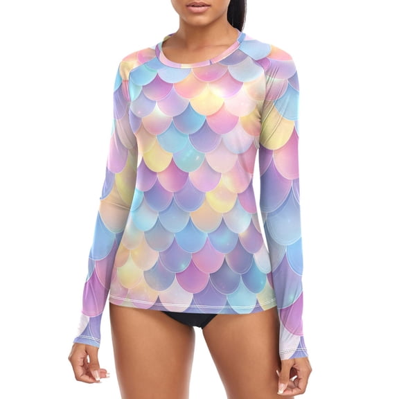 Mermaid Scales Glowing Women's Rash Guard Shirts UPF 50 Sun Protection Clothing Long Sleeve Swim Suits XS
