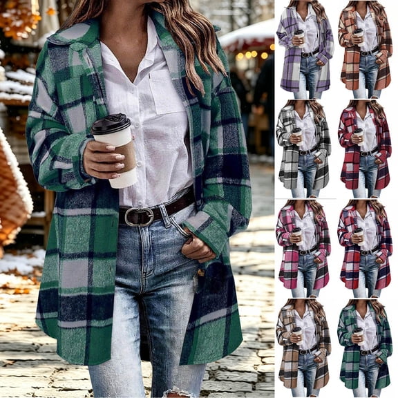 Fancifize Plaid Wool Blend Coat for Women, Single Breasted Lapel Long Sleeve Peacoat, Vintage Classic Fall Winter Overcoat
