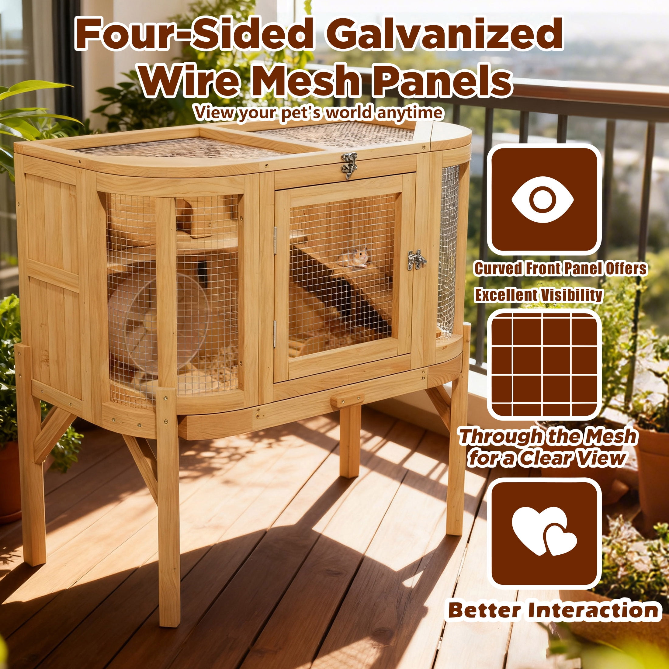 Large Wooden Hamster Cage with Openable Top,Chew Proof Hamsters Enclosure with Detachable Leg Design and Tray,Natural