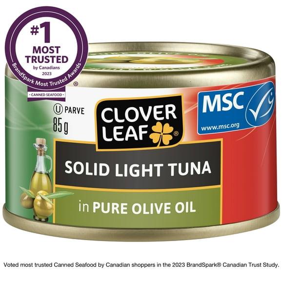 Thon pâle entier dans l’huile d’olive de Clover Leaf 85 g