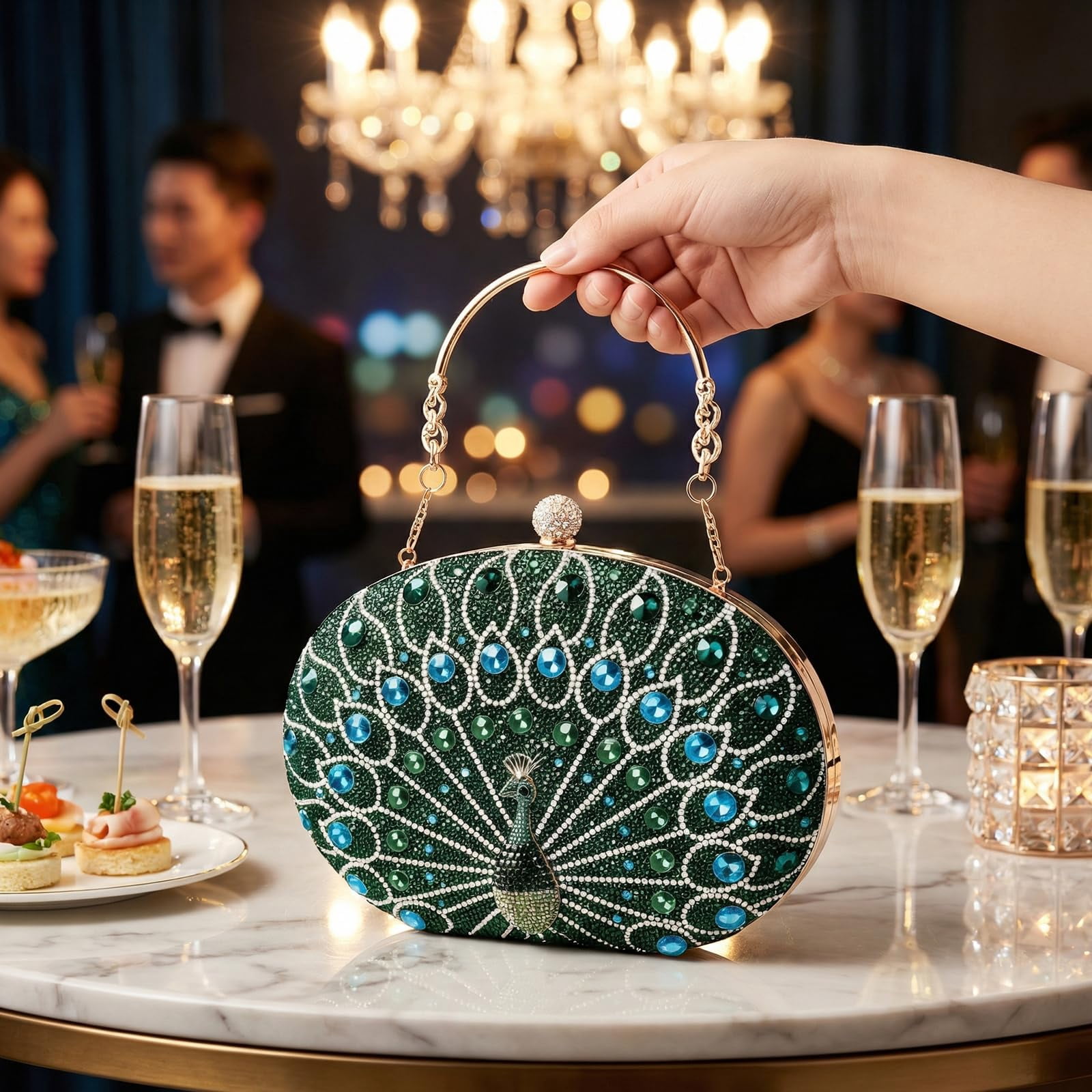 Rhinestone Clutch Purses for Women Emerald Green Peacock Purse, Elegant Evening Bags for Wedding Formal Party (1 Pack)