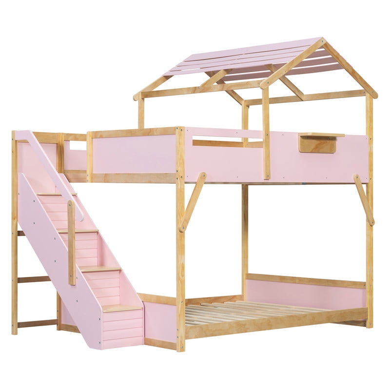 Full over Full House-Shaped Bunk Bed with Roof & Stairs, Kids Bed Frame with 3-Color LED Lights & Bedside Storage Shelf