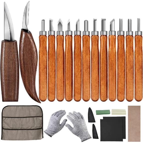 Wood Carving Tools Set, Wood Carving Hand Tools for Beginners with Whittling Knife Detail Wood Carving Knife and 12pcs SK2 Carbon Steel Wood Carving Knives for Sculpture Spoon, Bowl & General Woodwork