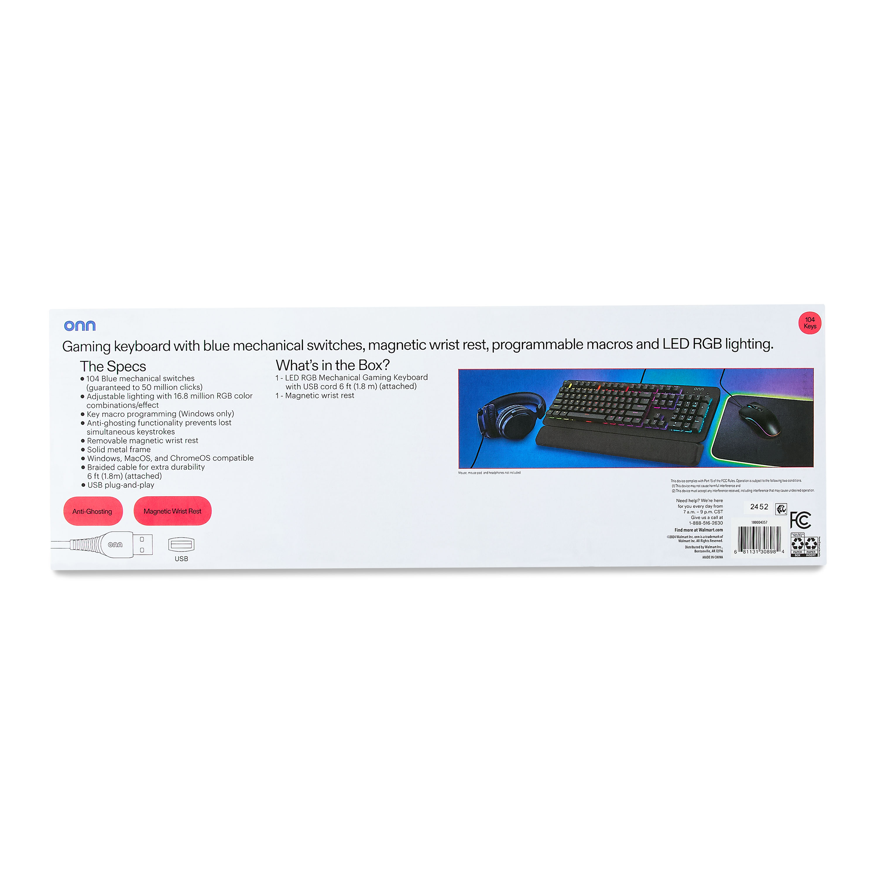 Teclado mecánico gamer onn con interruptores azules y iluminación LED de 16.8M, 104 teclas 7