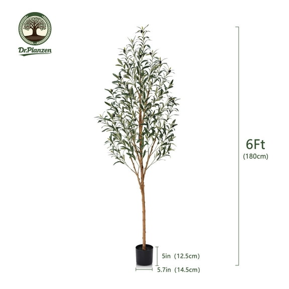 DR.Planzen 6' Artificial Olive Tree Indoor, Tall Faux Olive Tree, Artificial Plants with Natural Wood Trunk and Lifelike Fruits for Home Office Decor