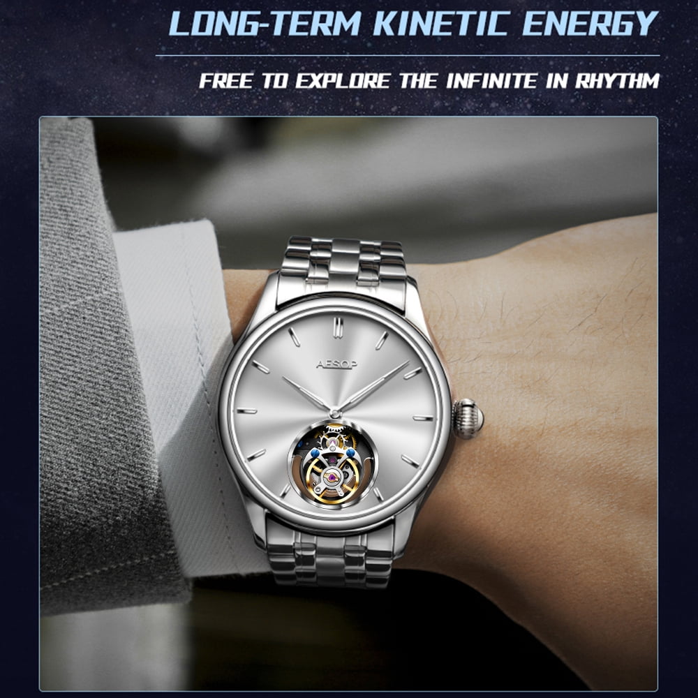 2025 AESOP 100% Tourbillon Mechanical Watch For Men Silver Steel Belt BUSINESS Fashion Mens Watches Manual Mechanical Waterproof
