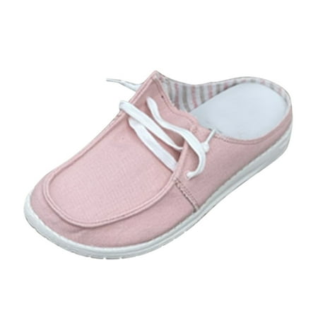 

Women Walking Shoes 2022 Women s Shoes European And American Casual Single Shoes Flat Bottom Lace Up Half Prop Single Shoes Canvas Loafer Shoes casual shoes for Women Canvas Pink