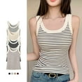 thumbnail image 2 of JGGSPWM Womens Sleeveless Ribbed Tank Tops Summer Round Neck Slim Fit Striped Print Top Casual T Shirts Clothes Brown M, 2 of 9