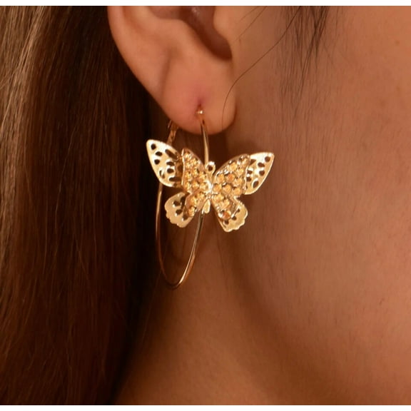 Pierced 1 1/2" gold layered center butterfly hoop earrings