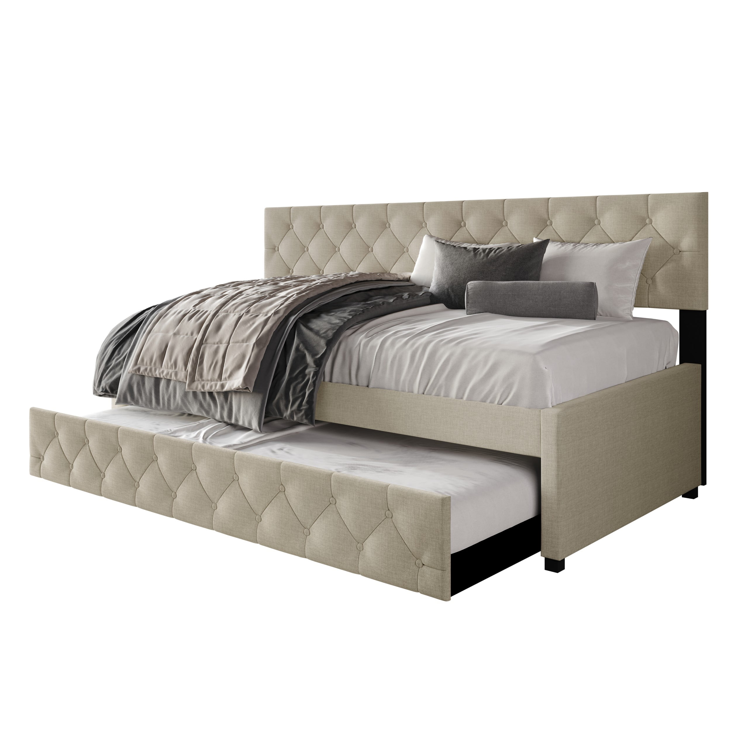 Home Design Tyler Twin Daybed with Trundle, Linen Upholstery, Button-Tufted Design, Foam Padding, Pull-Out Trundle, Stylish Seating and Sleeping Solution, Warm Gray