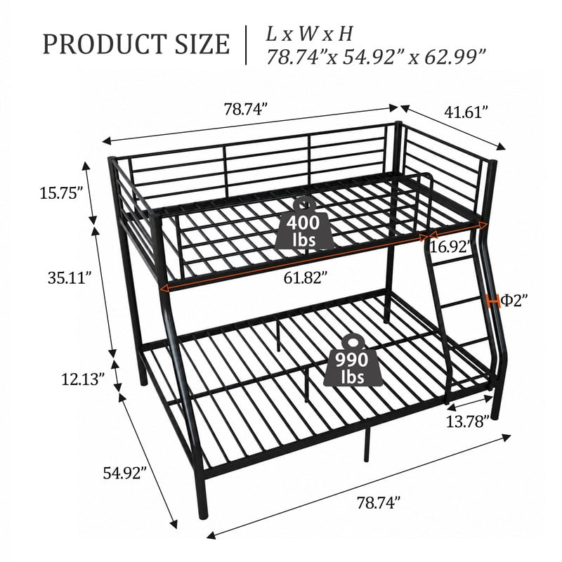avobird Bunk Beds Twin Over Full Size, Heavy-Duty Metal Frame with 990 lbs Bottom Capacity, High Guardrails,Noise-Free Slats, No Box Spring Needed, Black