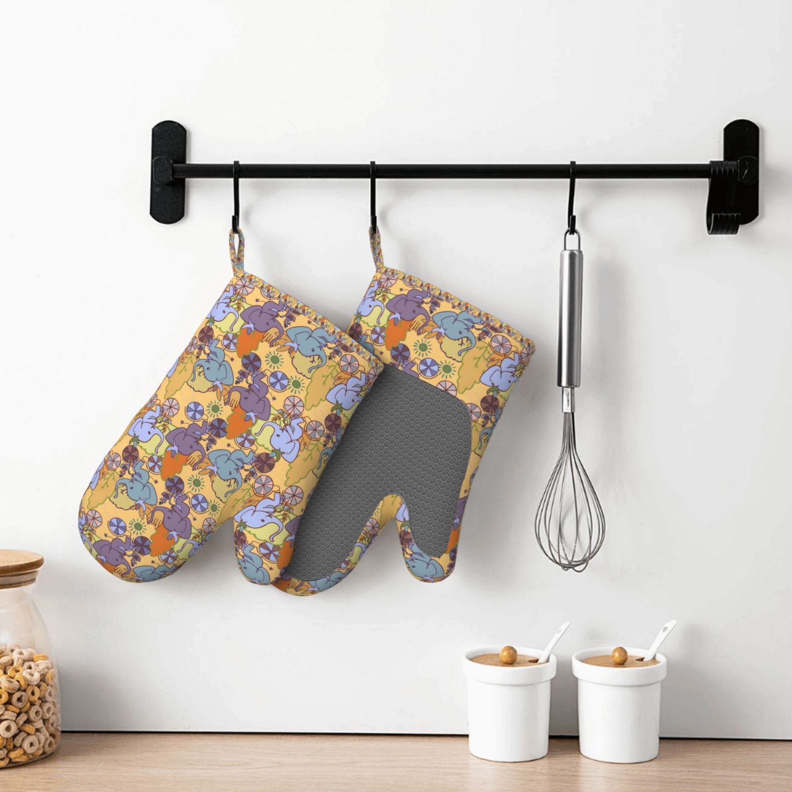Hirioo Cycling Elephant On Bicycle In Park for Silicone Oven Mitts for BBQ, Baking, Cooking, Set of 2, Heat Resistant 260℃, Non-Slip Kitchen Essentials