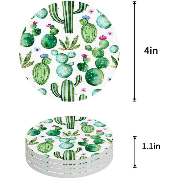 POGLIP Watercolor Cactus Green Set of 4 Round Coaster for Drinks, Absorbent Ceramic Stone Coasters Cup Mat with Cork Base for Home Kitchen Room Coffee Table Bar Decor