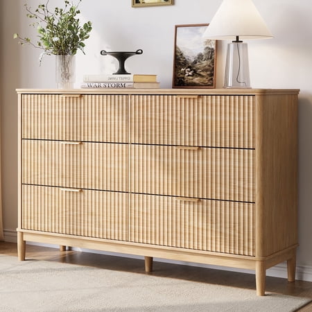 Linsy Home Fluted Dressers for Bedroom Wide Chest of 6 Drawers Oak