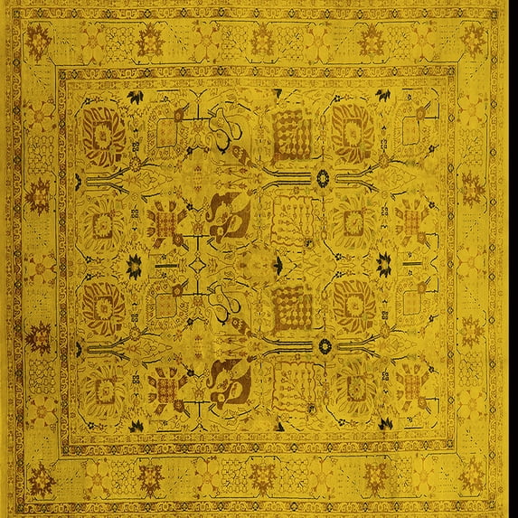 Ahgly Company Machine Washable Indoor Square Oriental Yellow Traditional Area Rugs, 5' Square
