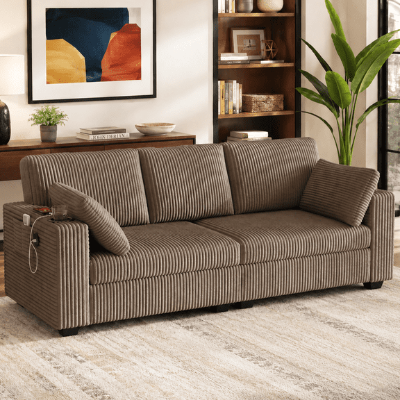 Rophefx 80" 3 Seater Sofa with USB Ports,Cup Holders, Corduroy Deep Seat Sofa Couch for Living Room Apartment Bedroom,Brown