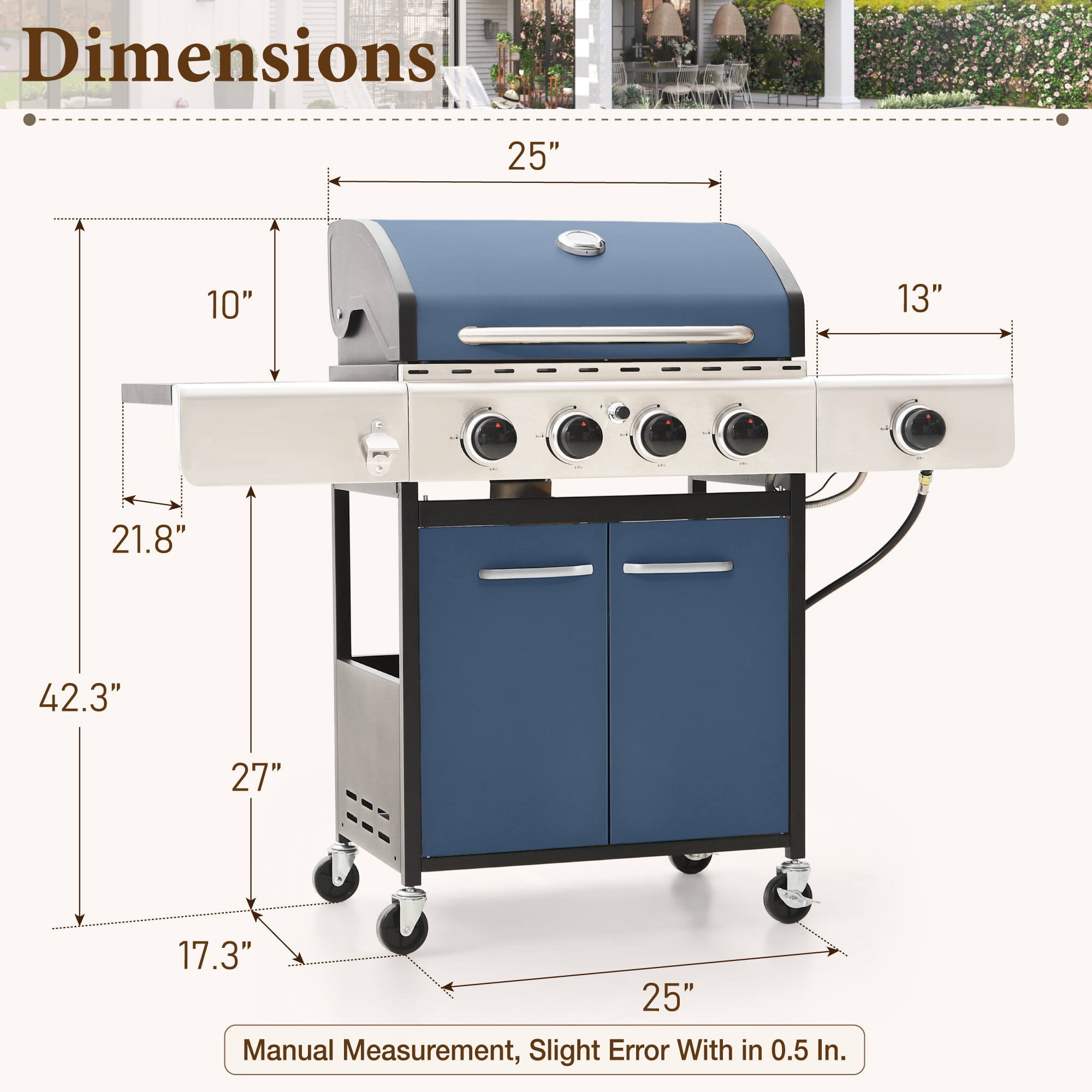 PHI VILLA 4 Burner Propane Gas Grill with Side Burner Stainless Steel BBQ Grill, Blue