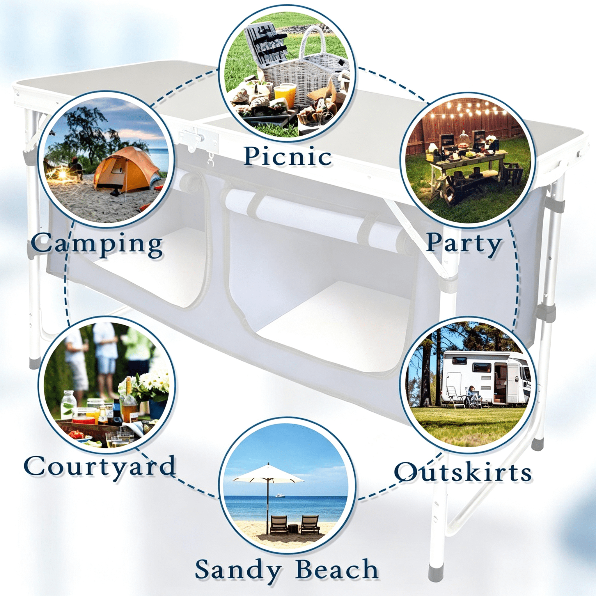 3 Height Adjustable Folding Camping Table with 2 Detachable Storage Bags, Aluminum Frame Density Board Portable Outdoor Picnic Table, 66LBS Capacity for Car Camping BBQ Indoor Party