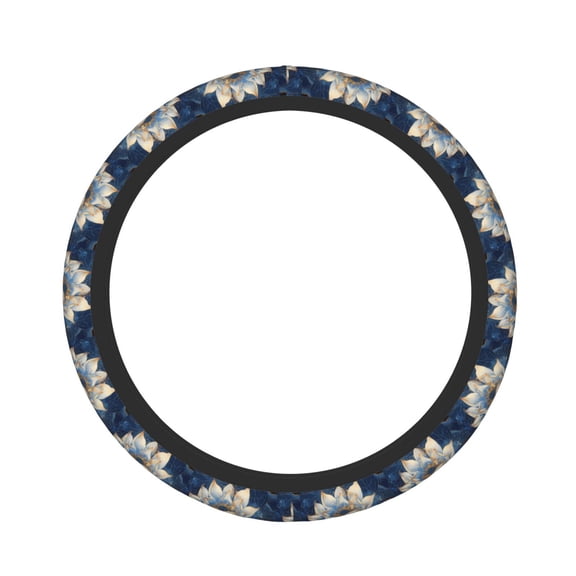 Rateoe Blue Golden Dream Lotus Pattern Elastic Stretch Steering Wheel Cover, Universal 15 inch, Microfiber Breathable , Anti-Slip, Odorless, Easy Carry