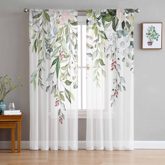 Sage Green Eucalyptus Semi Sheer Curtains 96 Inch Length 2 Panels Set, Aesthetics Floral Farm Foliage Sheer Kitchen Curtain Privacy Voile Window Curtain for Living Room Bedroom Rod Pocket Drapes