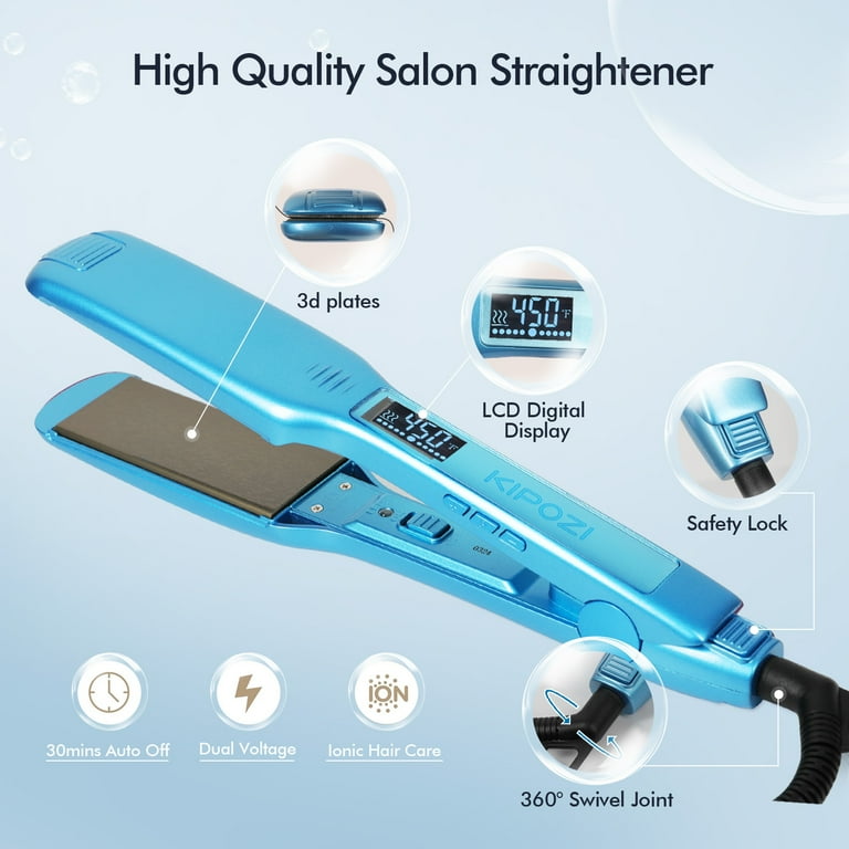 KIPOZI Negative Ion Flat Iron Anti Static Hair Straightener with 1.75 inch Floating Titanium Wide Plates Blue