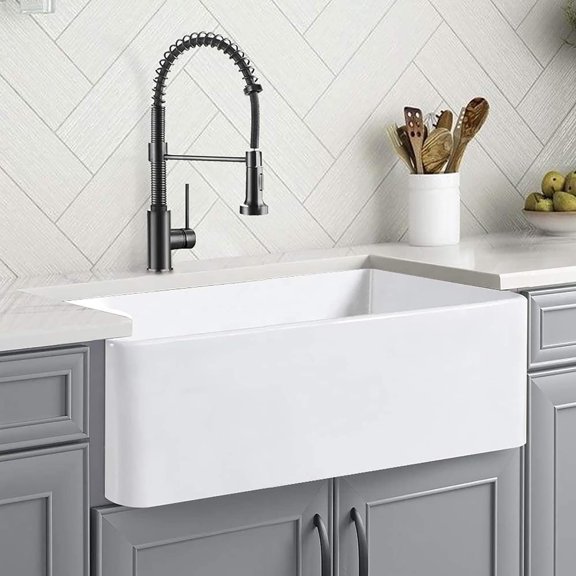 33" White Farmhouse Sink, Ceramic Porcelain Single Bowl Kitchen Sink with Stainless Steel Grid and Strainer